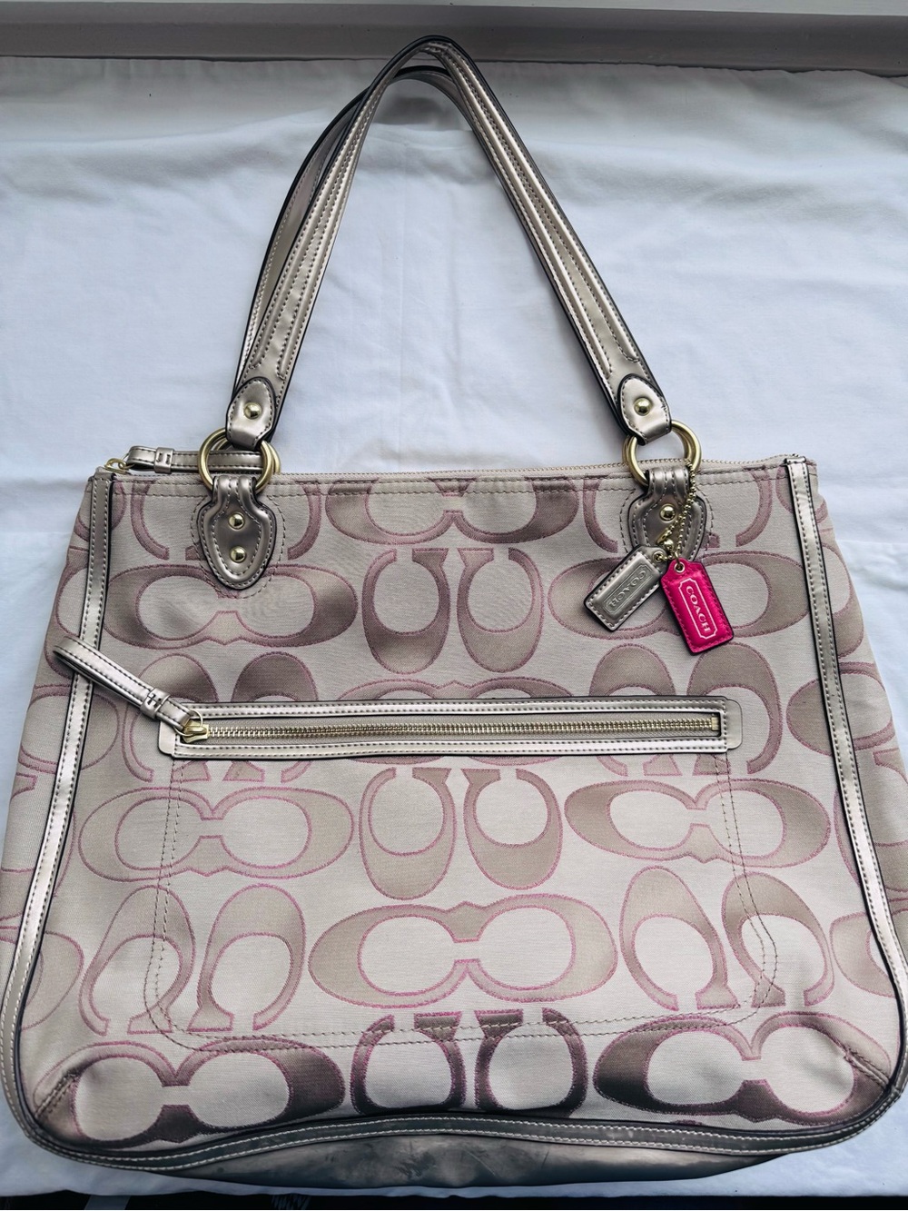 Coach Signature Jacquard Shoulder Bag in Metallic Pink and Silver
